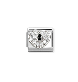 Nomination - Link CLASSIC SYMBOLS enamel, 925 sterling silver and cz HEART PADLOCK WHITE