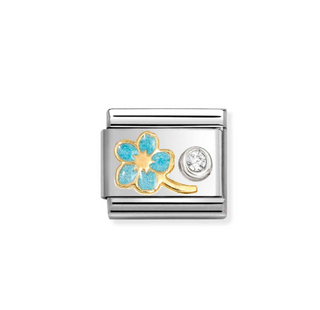 Nomination - Link SYMBOLS enamel 750 gold, 925 sterling silver MYOSOTIS LIGHT BLUE FLOWER