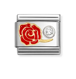 Nomination - Link SYMBOLS enamel, 750 gold and 925 silver RED ROSE CZ WHITE