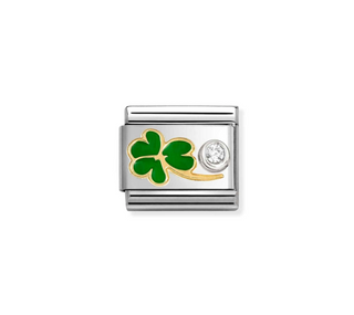 Nomination - Link SYMBOLS enamel, 750 gold, 925 sterling silver and cz GREEN CLOVER CZ WHITE