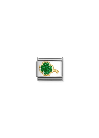 Nomination - Link 18k Gold & Enamel GREEN GLITTER FOUR LEAF CLOVER