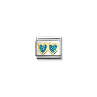 Nomination - Link DOUBLE HEART in Glitter, Enamel & 18k Gold LIGHT BLUE