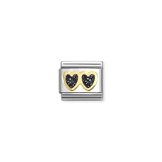 Nomination - Link DOUBLE HEART Glitter, Enamel & 18k Gold BLACK