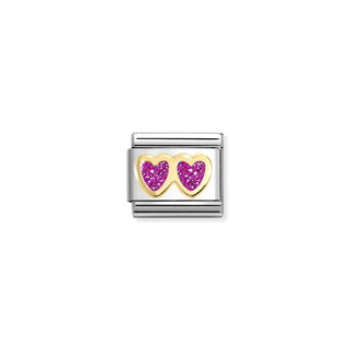 Nomination - Link DOUBLE HEART in Glitter, Enamel & 18k Gold FUCHSIA