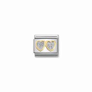 Nomination - Link GLITTER SYMBOLS  18k gold Double SILVER hearts